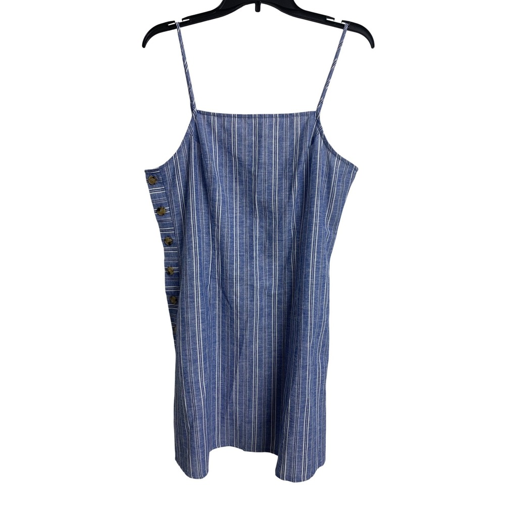 Lulus Blue White Striped Linen Blend Side Button Mini Dress Sleeveless L